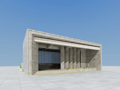 Modern Gray Stone Entrance Gate With Geometric Design Columns Steps And Green Plants 3d model
