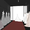 Elegant Bridal Shop Featuring Wedding Dresses On Hangers Red Carpet Mannequin And Bright Interior