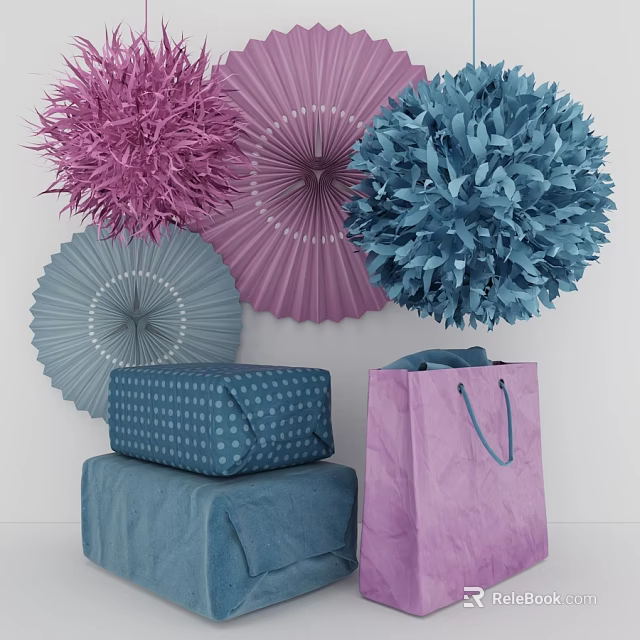 Colorful Decorative Ornament Set With Purple Blue Pink Paper Pom Poms Fans Wrapped Boxes Shopping Bags 3d model 