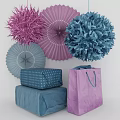 Colorful Decorative Ornament Set With Purple Blue Pink Paper Pom Poms Fans Wrapped Boxes Shopping Bags