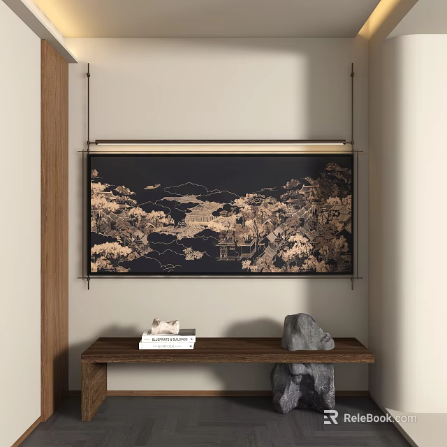 Traditional Landscape Painting with Mountain Tree Scenery in Black Frame and Wooden Bench with Books 3d model 