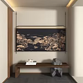 Traditional Landscape Painting with Mountain Tree Scenery in Black Frame and Wooden Bench with Books
