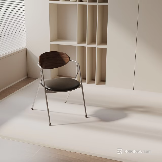 Modern Dining Chair With Wooden Backrest Black Seat Cushion And Metal Legs In White Room With Window Blinds 3d model 