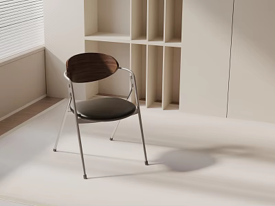 Modern Dining Chair With Wooden Backrest Black Seat Cushion And Metal Legs In White Room With Window Blinds 3d model