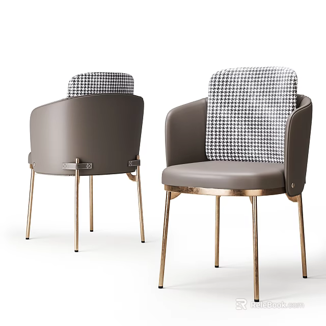 Modern Accent Chair With Checkered Backrest Gray Seat And Golden Metal Legs 3d model 
