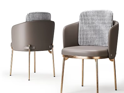 Modern Accent Chair With Checkered Backrest Gray Seat And Golden Metal Legs 3d model
