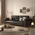 Black Leather Tufted Three Seater Sofa With Wooden Legs And Decorative Pillows In Living Room