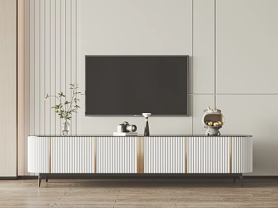 Modern White TV Stand With Gold Accents Featuring Wall TV Green Plant And Decorative Items 3d model