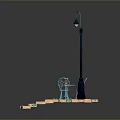 Street Lamp Table And Chair Setup On Brick Paved Outdoor Surface