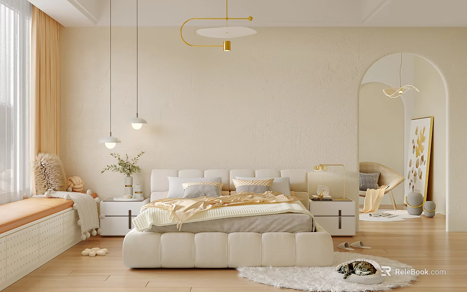 Elegant Bedroom Interior Design With White Bed Gold Pendant Lights And Wooden Flooring 3d model 
