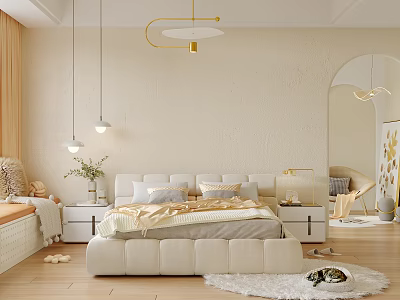 Elegant Bedroom Interior Design With White Bed Gold Pendant Lights And Wooden Flooring 3d model