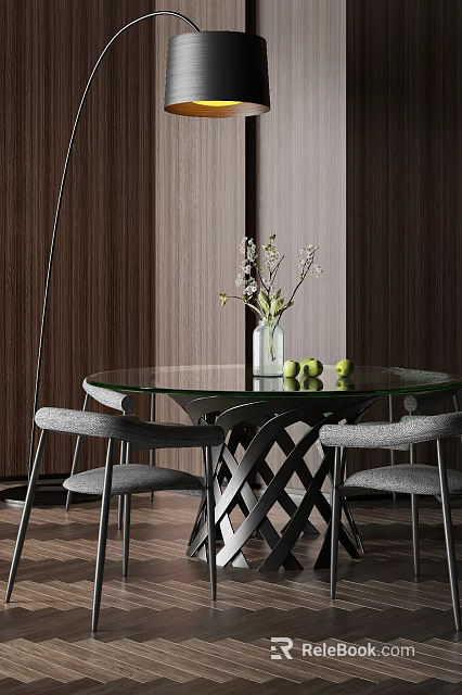 Modern Round Glass Top Dining Table Set with Grey Chairs Vase Flowers and Green Apples 3d model 