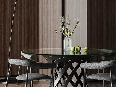 Modern Round Glass Top Dining Table Set with Grey Chairs Vase Flowers and Green Apples 3d model