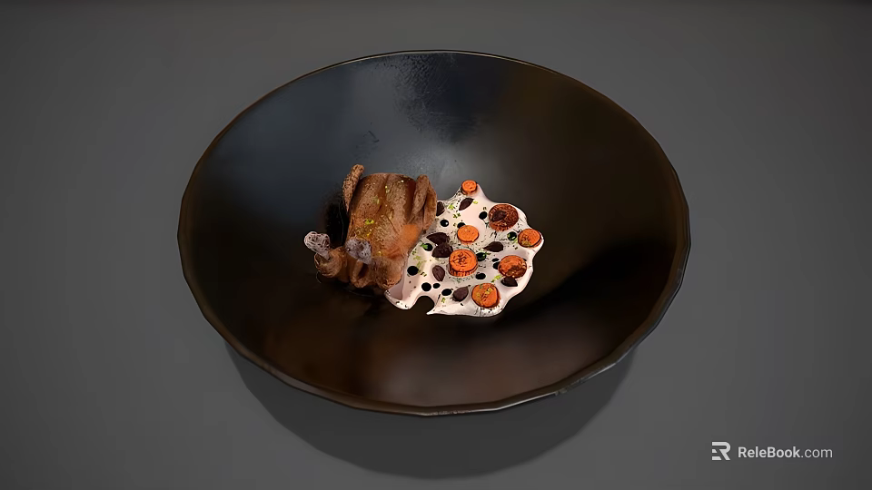 Tasty Roasted Meat in Black Bowl with White Sauce Orange Dots and Dark Chunks 3d model 