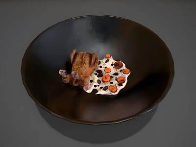 Tasty Roasted Meat in Black Bowl with White Sauce Orange Dots and Dark Chunks 3d model