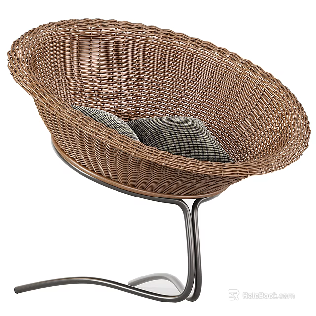 Comfortable Stylish Wicker Armchair With Soft Checkered Cushions And Sturdy Metal Frame 3d model 