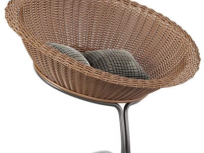 Comfortable Stylish Wicker Armchair With Soft Checkered Cushions And Sturdy Metal Frame 3d model