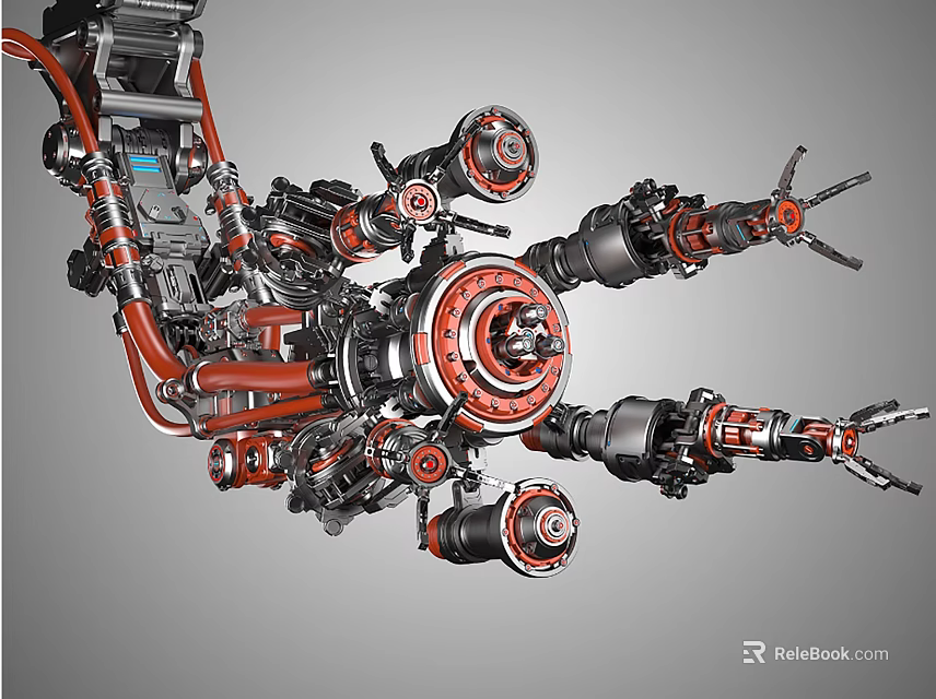 Complex Industrial Mechanical Structure With Red Black Robotic Arms Gears And Pipes 3d model 