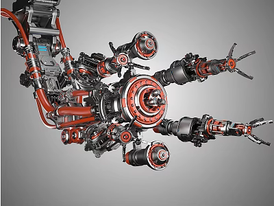 Complex Industrial Mechanical Structure With Red Black Robotic Arms Gears And Pipes 3d model