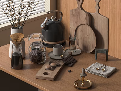 Modern Kitchen Utensils With Kettle Coffee Pot Wooden Cutting Boards And Glass Jars On Countertop 3d model