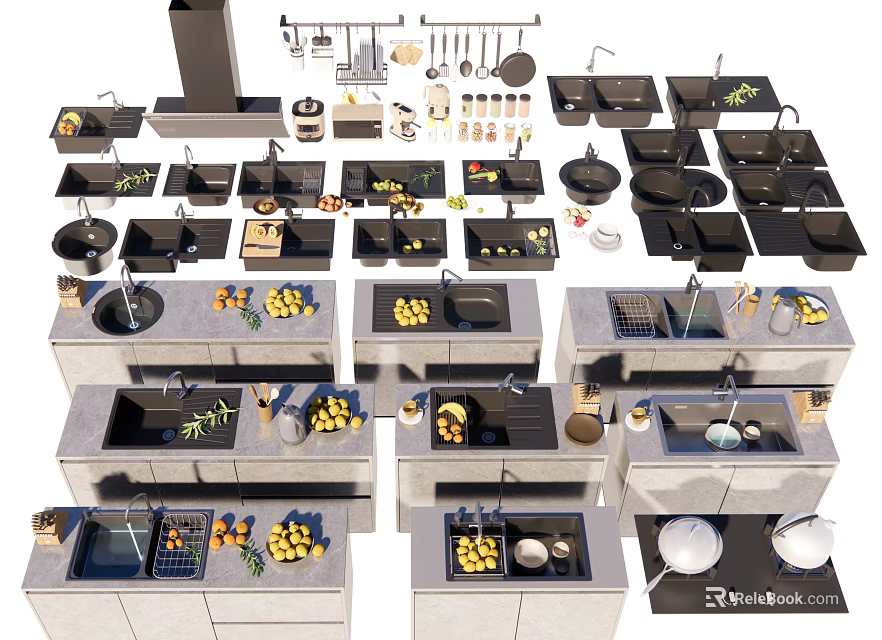 Modern Kitchen Sinks With Black Design Faucet Countertop And Fresh Vegetables 3d model