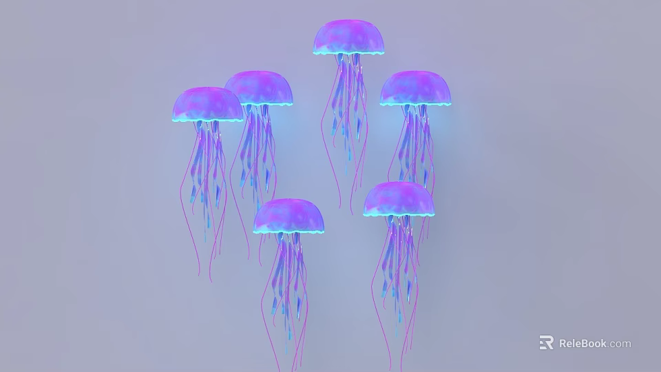 Multiple Purple Jellyfish With Long Glowing Tentacles On Soft Blue Background 3d model 
