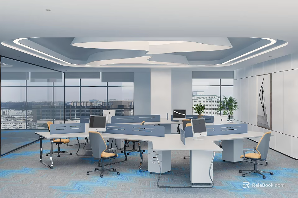 Modern Public Office Space With Office Desks Computers Chairs Large Windows And Plants 3d model 