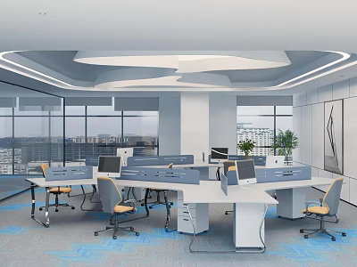 Modern Public Office Space With Office Desks Computers Chairs Large Windows And Plants 3d model