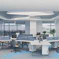 Modern Public Office Space With Office Desks Computers Chairs Large Windows And Plants
