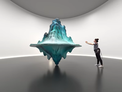 Blue Green Textured Art Installation In Indoor Gallery With Smooth Floor And Person Pointing 3d model