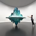 Blue Green Textured Art Installation In Indoor Gallery With Smooth Floor And Person Pointing