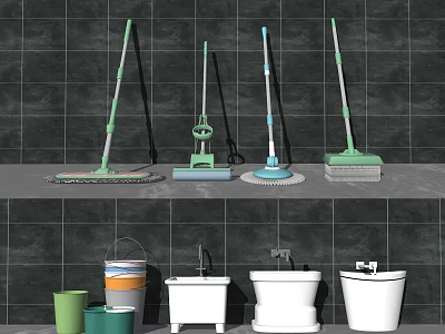 Practical Bathroom Accessories Including Mops Buckets Toilets Sinks And Cleaning Tools 3d model