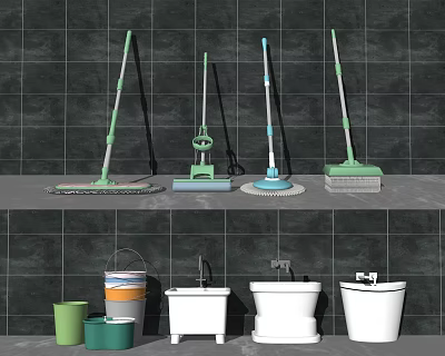 Practical Bathroom Accessories Including Mops Buckets Toilets Sinks And Cleaning Tools 3d model
