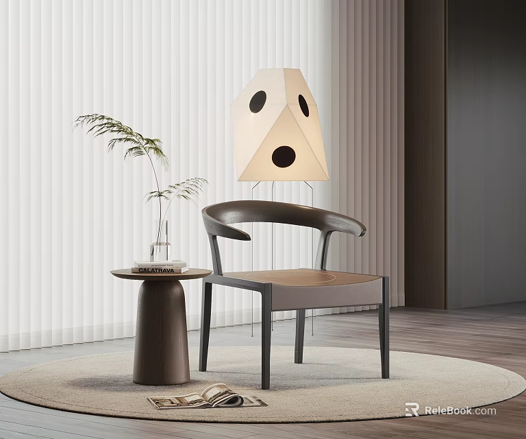 Modern Leisure Chair With Curved Backrest Side Table Plant And Geometric Lamp On Round Rug 3d model 
