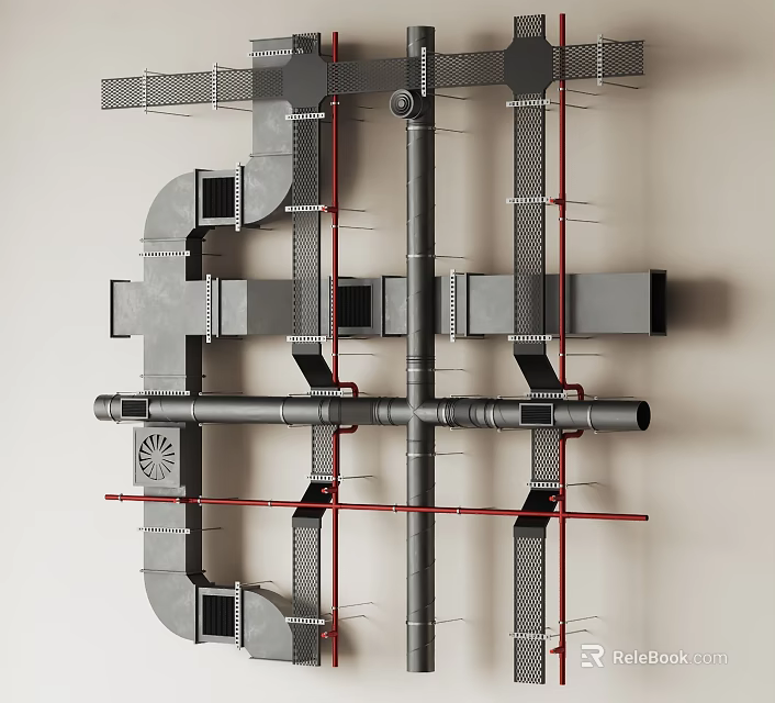 Industrial Metal Piping System With Structural Layout And Support Brackets 3d model