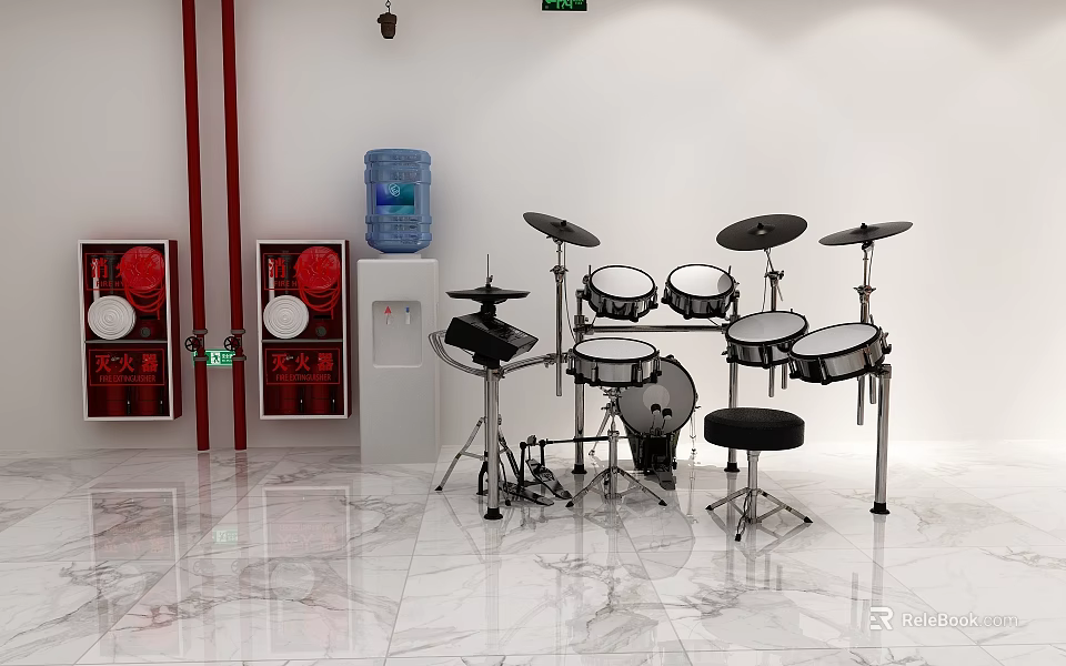 Cultural Center Interior With Drum Set Water Dispenser Red Posters White Walls And Marble Floor 3d model 