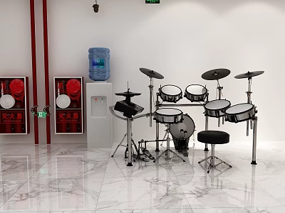 Cultural Center Interior With Drum Set Water Dispenser Red Posters White Walls And Marble Floor 3d model