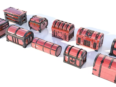 Vibrant Red Decorative Treasure Chests with Various Shapes and Intricate Carvings Displayed 3d model