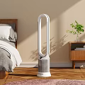 Modern Bedroom Air Conditioner Fan With Bladeless Design Wooden Floor Nightstand And Plant
