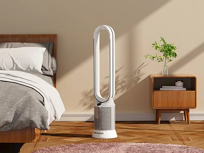 Modern Bedroom Air Conditioner Fan With Bladeless Design Wooden Floor Nightstand And Plant 3d model