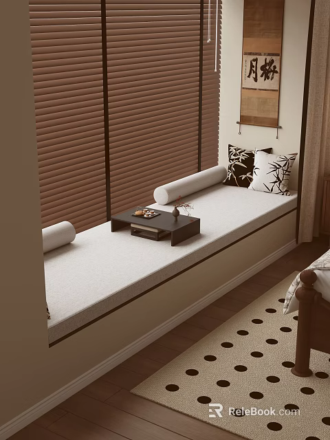 Cozy Bay Window Bench With Cushioned Seat Wooden Blinds And Decorative Pillows 3d model 