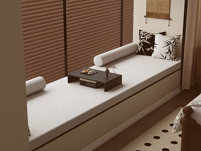 Cozy Bay Window Bench With Cushioned Seat Wooden Blinds And Decorative Pillows 3d model