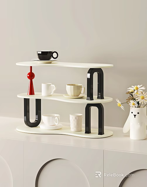Modern Minimalist White Multi Tiered Shelf With Black White Beige Cups And Daisy Vase 3d model 