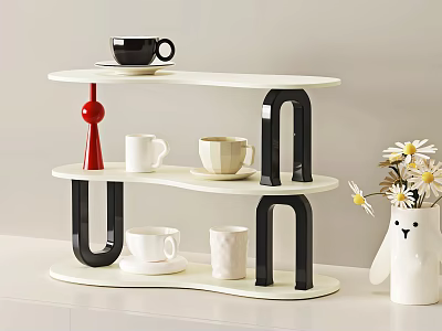Modern Minimalist White Multi Tiered Shelf With Black White Beige Cups And Daisy Vase 3d model