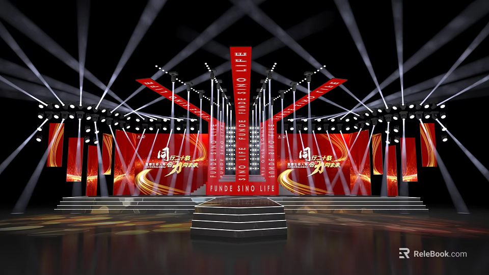 Chinese Power Themed Stage Design With Red Backdrop Lighting Effects And Steps 3d model 