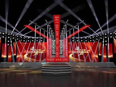 Chinese Power Themed Stage Design With Red Backdrop Lighting Effects And Steps 3d model