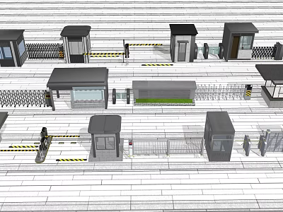 Multiple Modern Security Booth Structures With Fencing Barriers And Entrance Gates 3d model