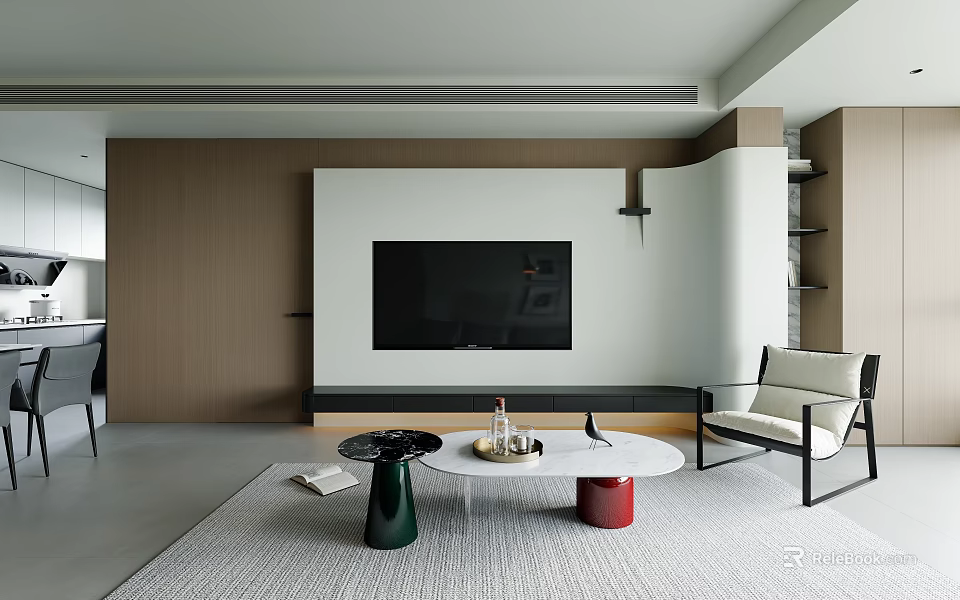 Modern Living And Dining Room Interior With TV Wall Coffee Table And Area Rug 3d model 