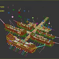 Ancient Wooden Ships Display with Hanging Decorative Elements and Oars in Formation