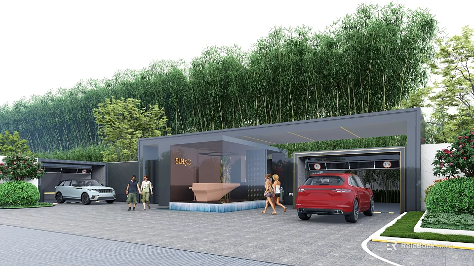 Modern Entrance Gate With Covered Structure Glass Panels And Parked Cars Near Lush Bamboo Grove 3d model 